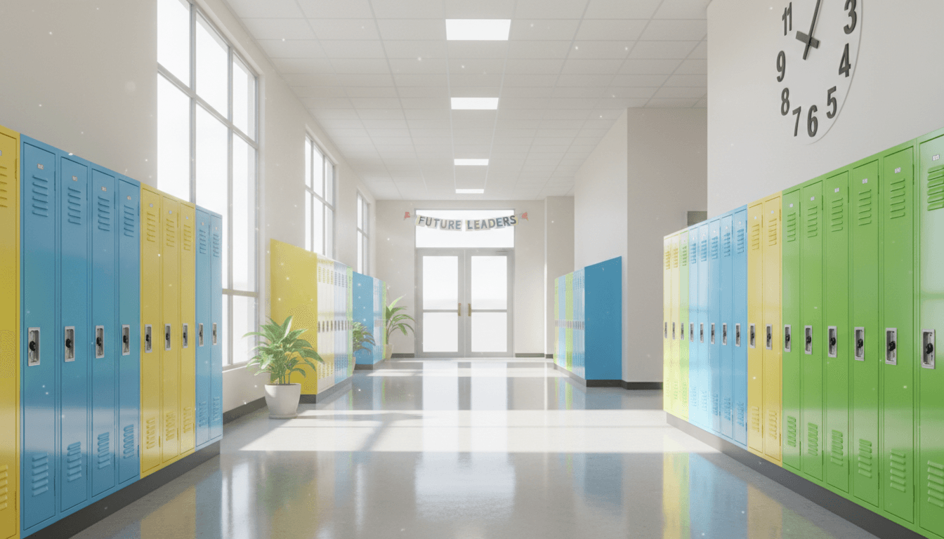 Couloir lumineux d'école avec casiers et lumière naturelle