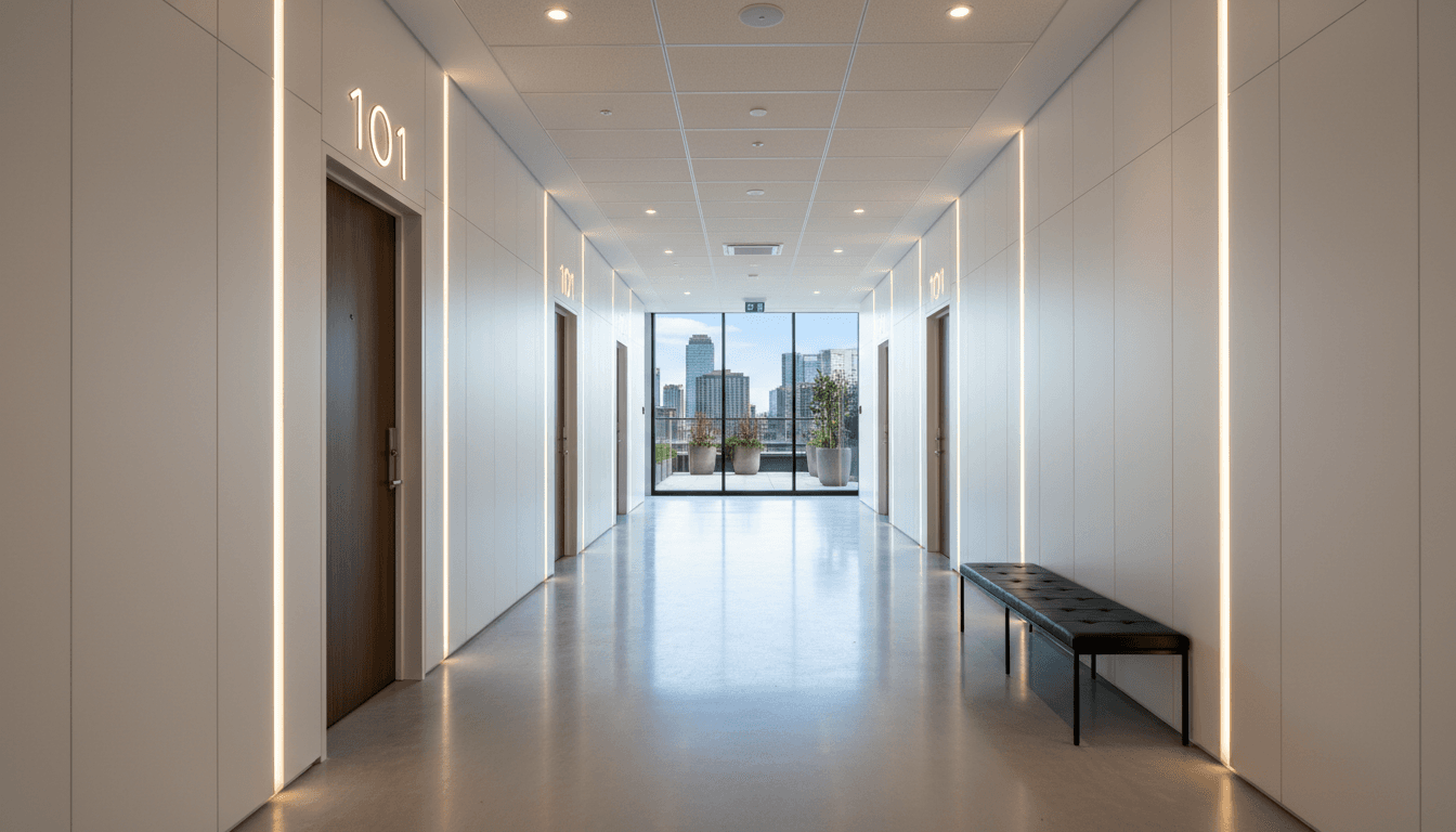 Hall d'immeuble moderne avec sol brillant et porte d'entrée vitrée