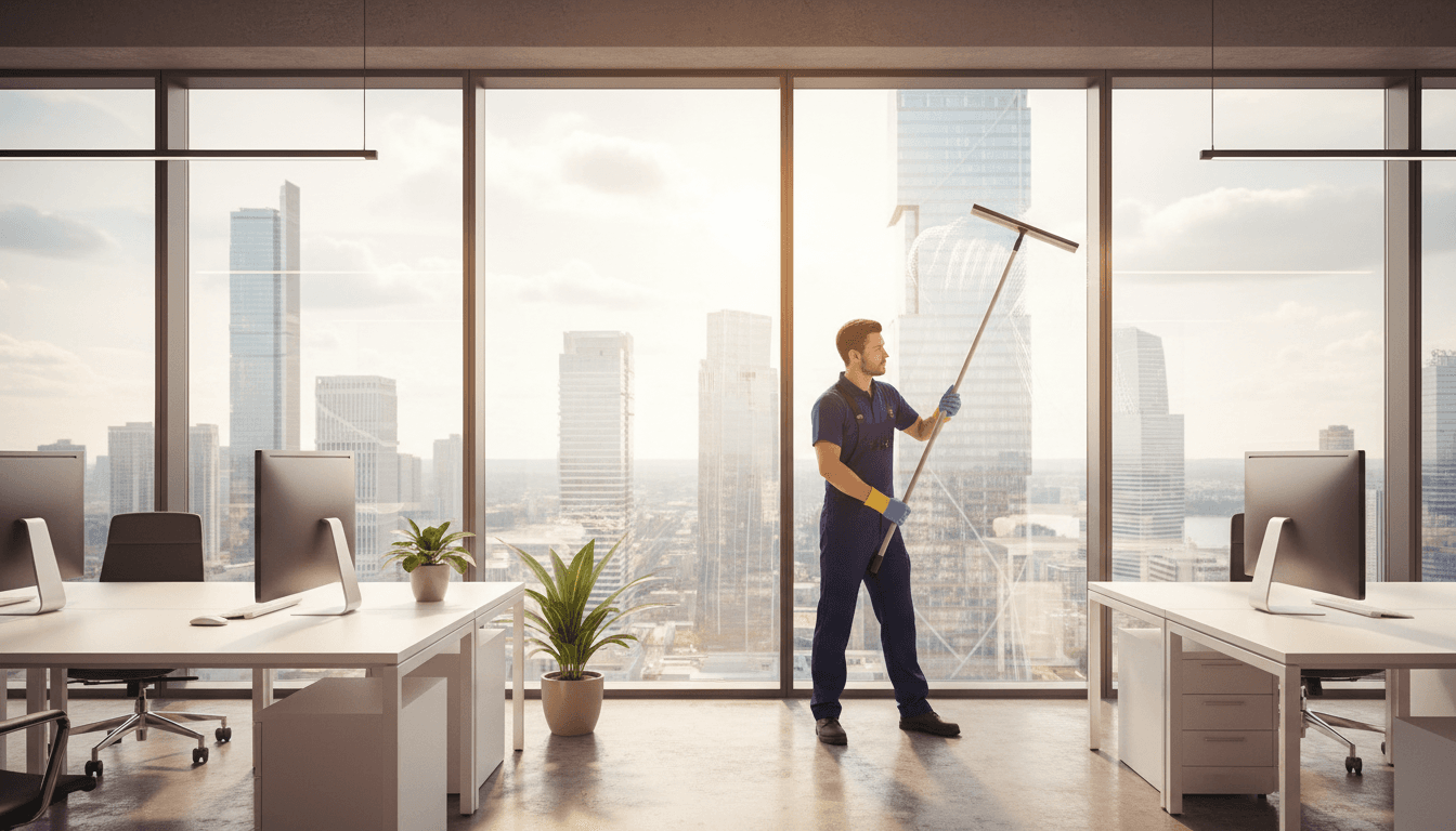 Professionnel du nettoyage nettoyant une vitre dans un bureau lumineux