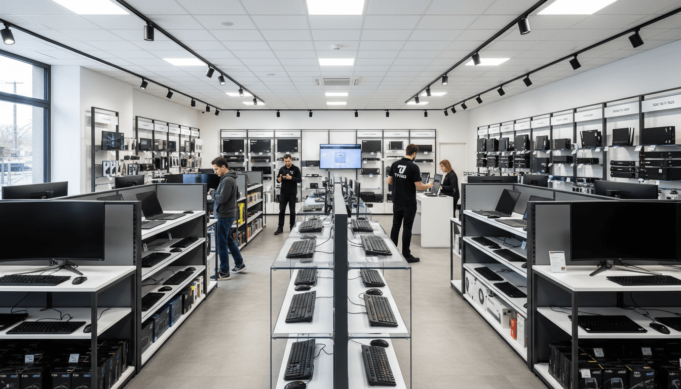 Wide view of organized IT retail store with tiered product displays, customers browsing, and sales associate assisting
