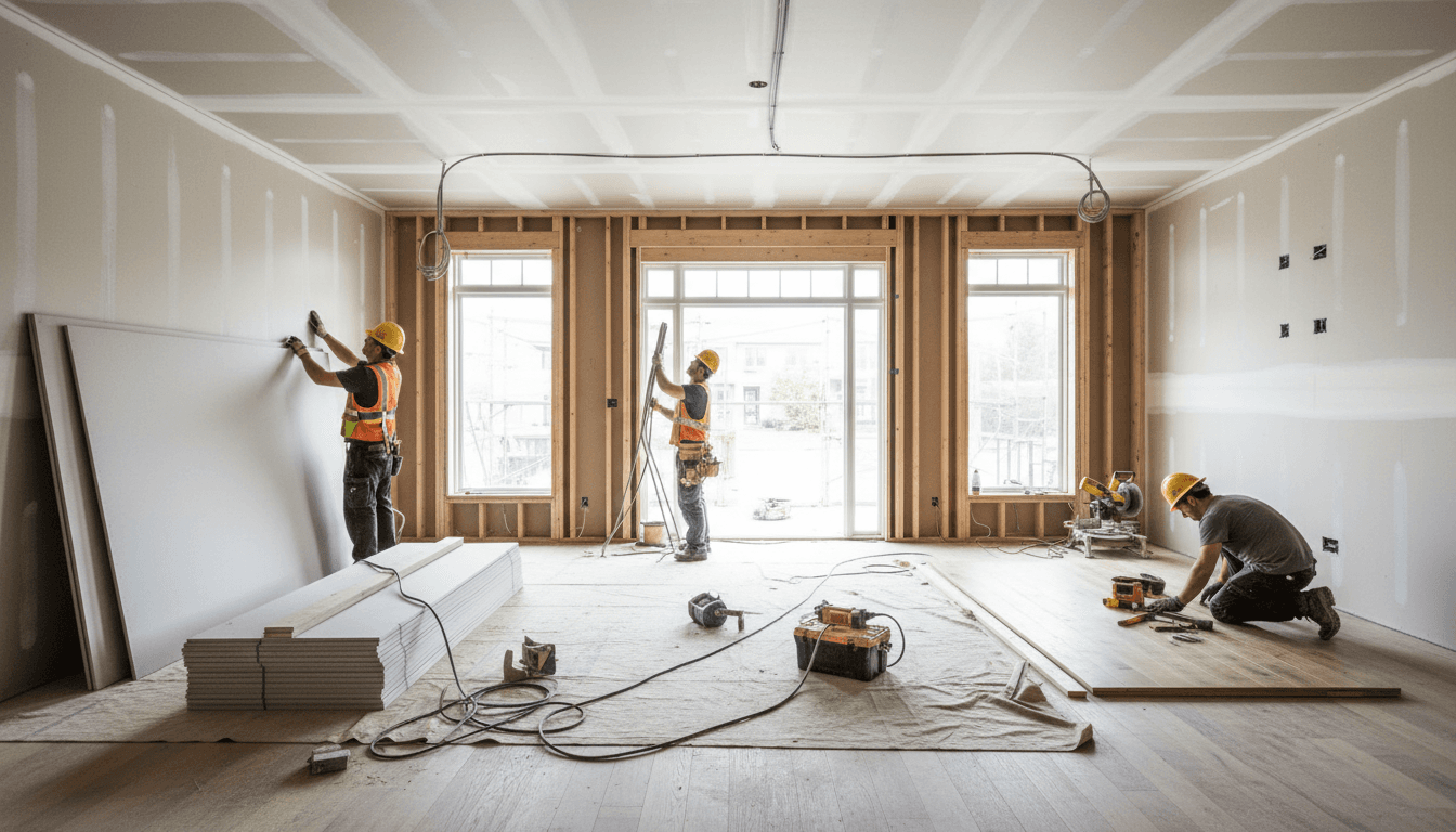 Construction site with multiple trade workers installing drywall, electrical systems, and flooring simultaneously